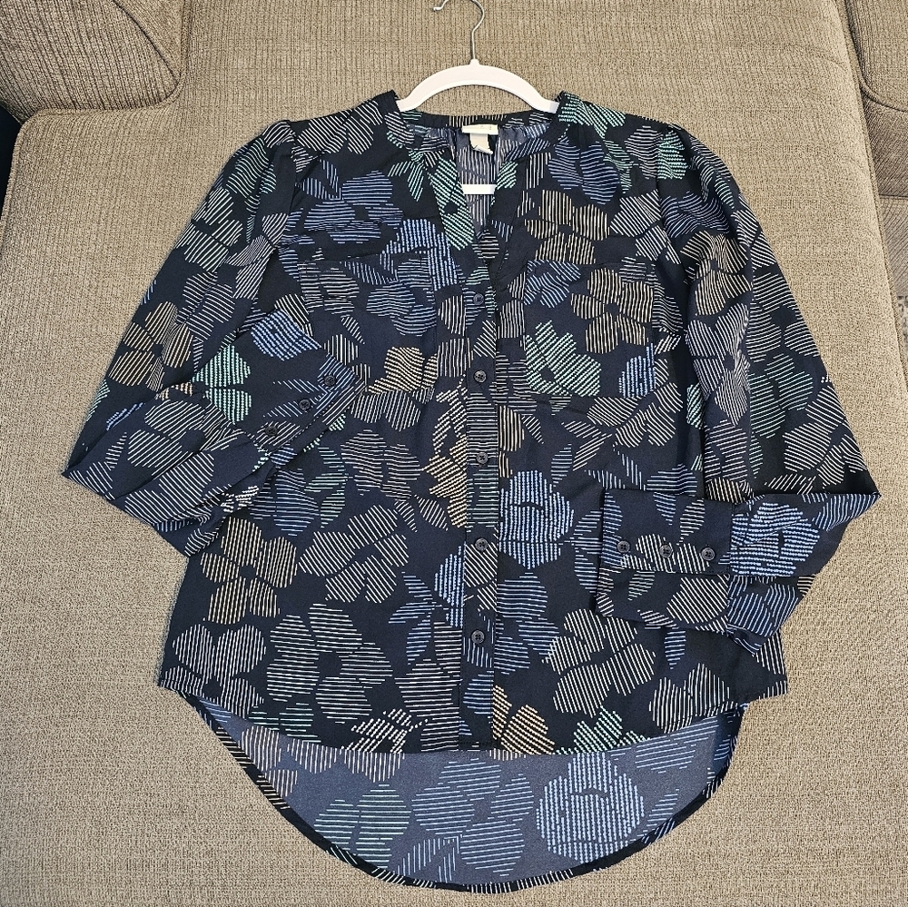 A New Day Dark Blue Patterned Casual Sheer Office Career Top Size XS